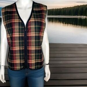Talbots Preppy Plaid Vest Brown Green Red Cotton